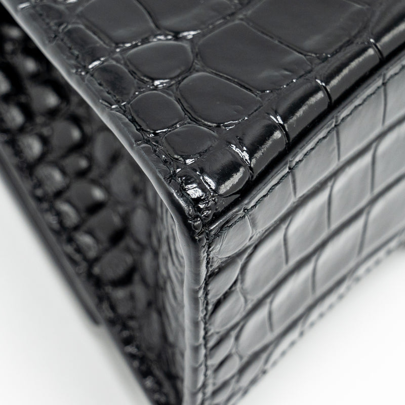 Balenciaga XS Hourglass Croc-embossed Calfskin So Black