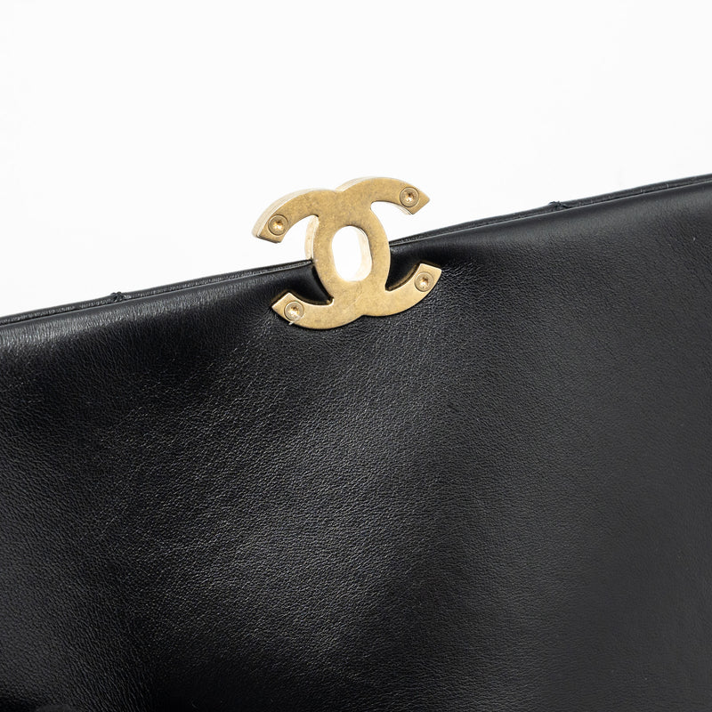Chanel Quilted Flap Bag Giant Chain Lambskin Black Gold And Black Hardware (microchip)
