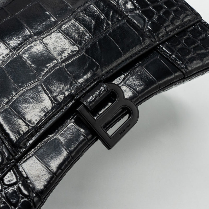 Balenciaga Hourglass S Croc-Embossed Calfskin So Black