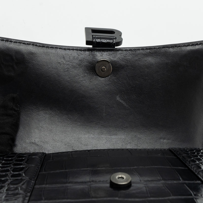Balenciaga Hourglass S Croc-Embossed Calfskin So Black