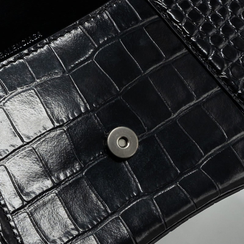 Balenciaga Hourglass S Croc-Embossed Calfskin So Black