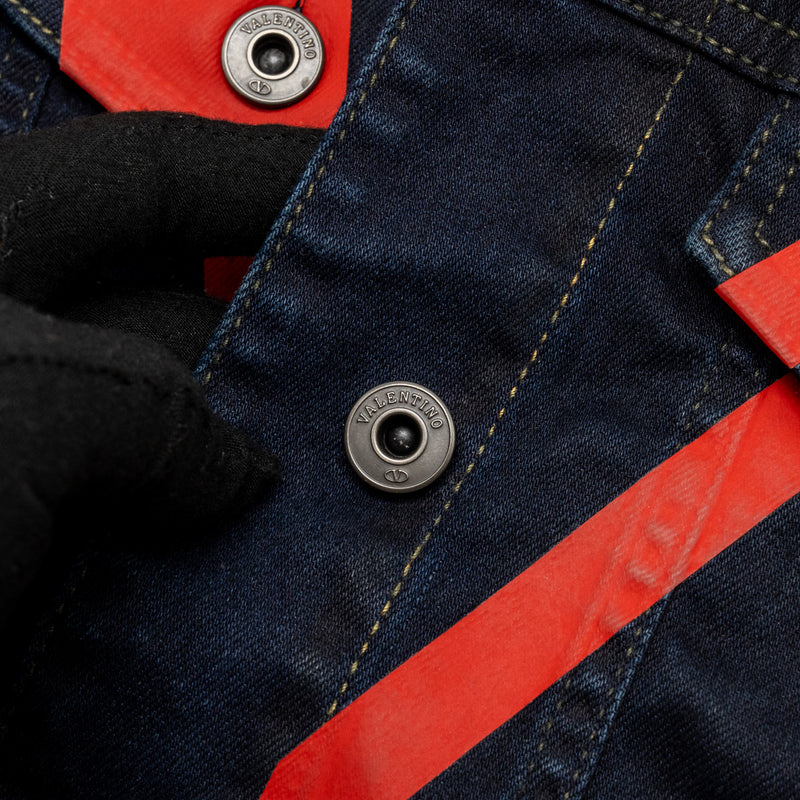 Valentino Size 38 V Logo Cropped Denim Jacket Dark Blue/Red