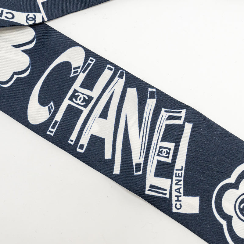 Chanel CC Logo/Letter Printed Twilly Silk Navy/White