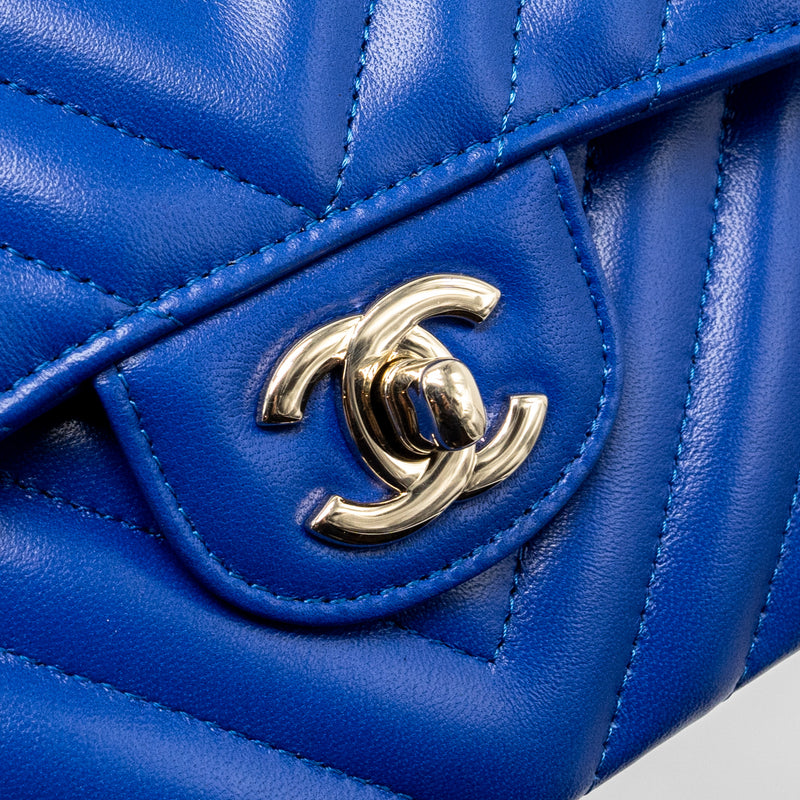 Chanel small classic double flap bag chevron lambskin blue LGHW