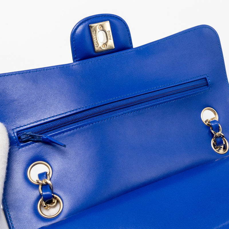 Chanel small classic double flap bag chevron lambskin blue LGHW