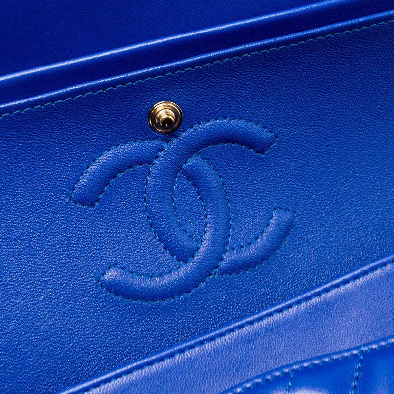 Chanel small classic double flap bag chevron lambskin blue LGHW