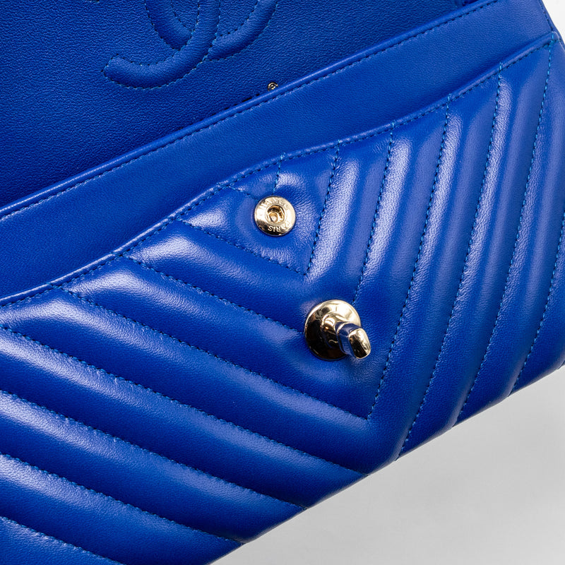 Chanel small classic double flap bag chevron lambskin blue LGHW