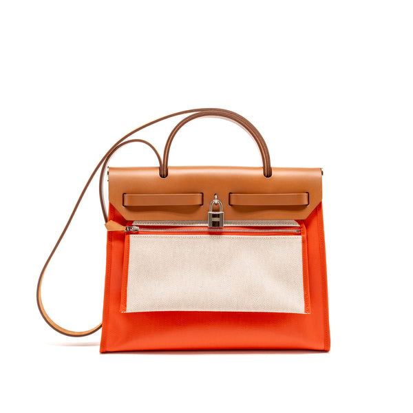 Hermes Herbag 31 Zip Bag Toile H Berline Canvas / Hunter Capucine-Ecru-Beige / Fauve SHW Stamp U