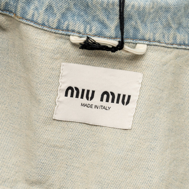 Miu Miu Size 38 Logo-Print Cropped Denim Jacket Cotton Blue