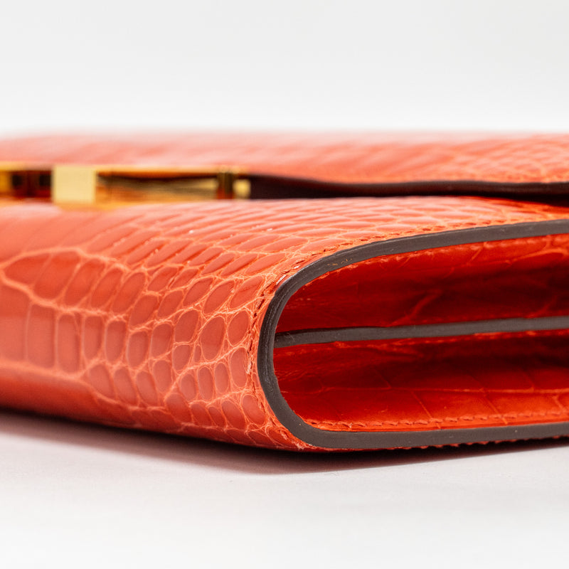 Hermes Constance Long Wallet Shiny Alligator Mississippiensis Orange Poppy GHW Stamp X