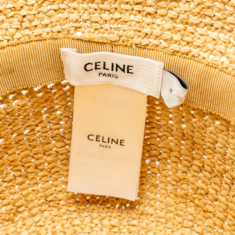 CELINE Size S Triomphe Bucket Hat In Raffia Natural/Black