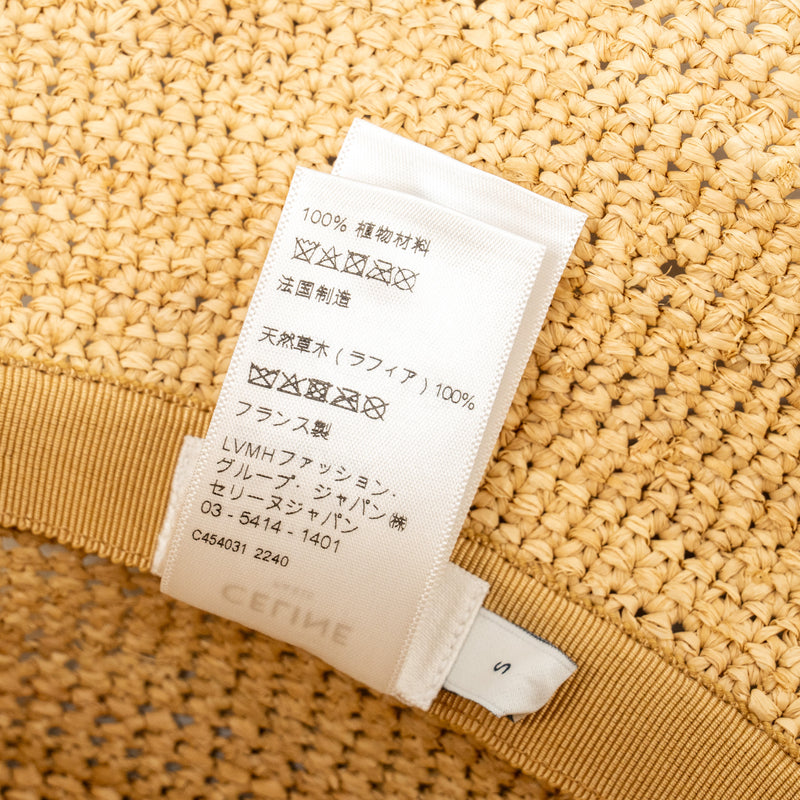 CELINE Size S Triomphe Bucket Hat In Raffia Natural/Black