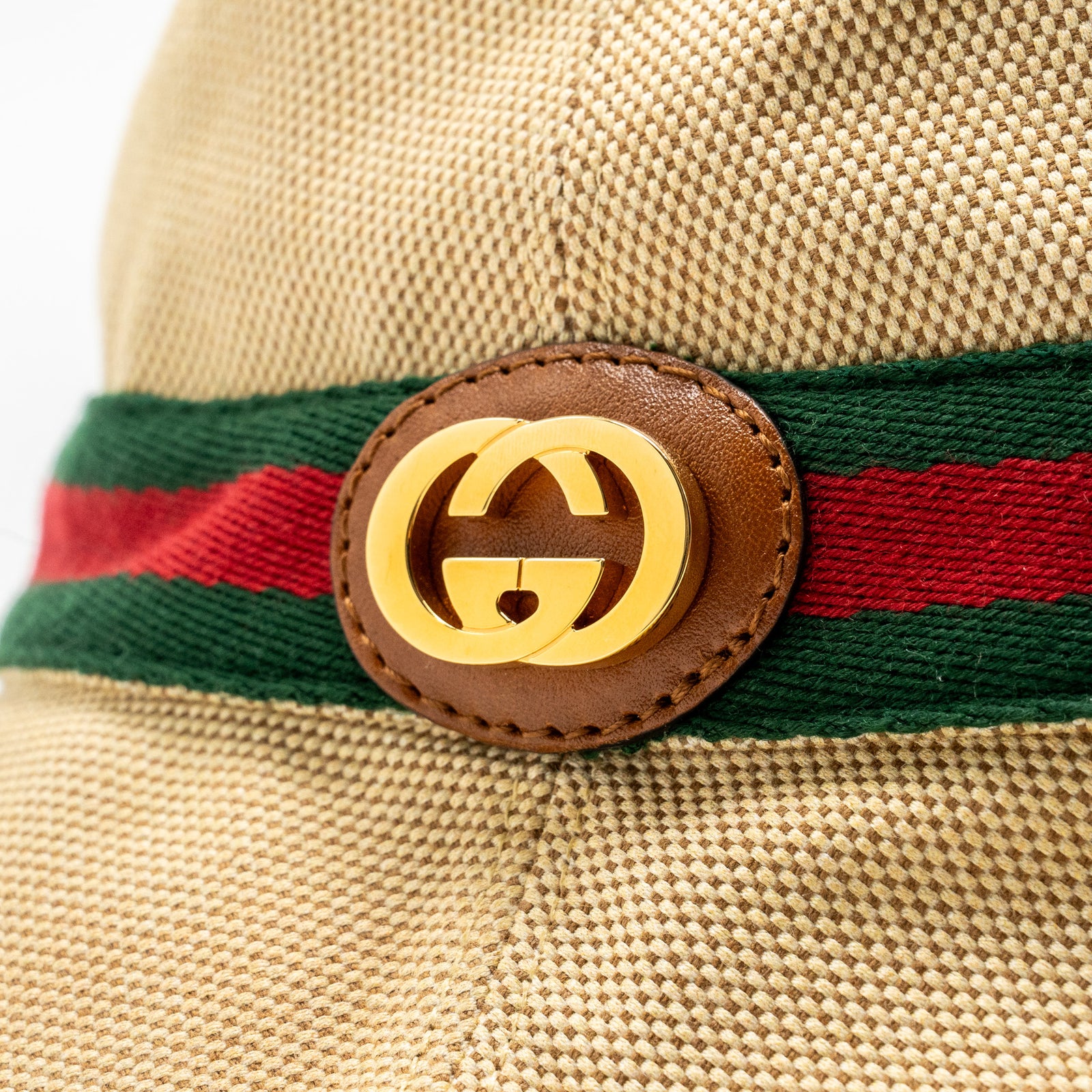 Gucci Tan Bucket Hat with Brown Stripe and Gold Hardware Brand New Vintage Gucci Bucket Hat – GG Monogram, Cursive  main image 2