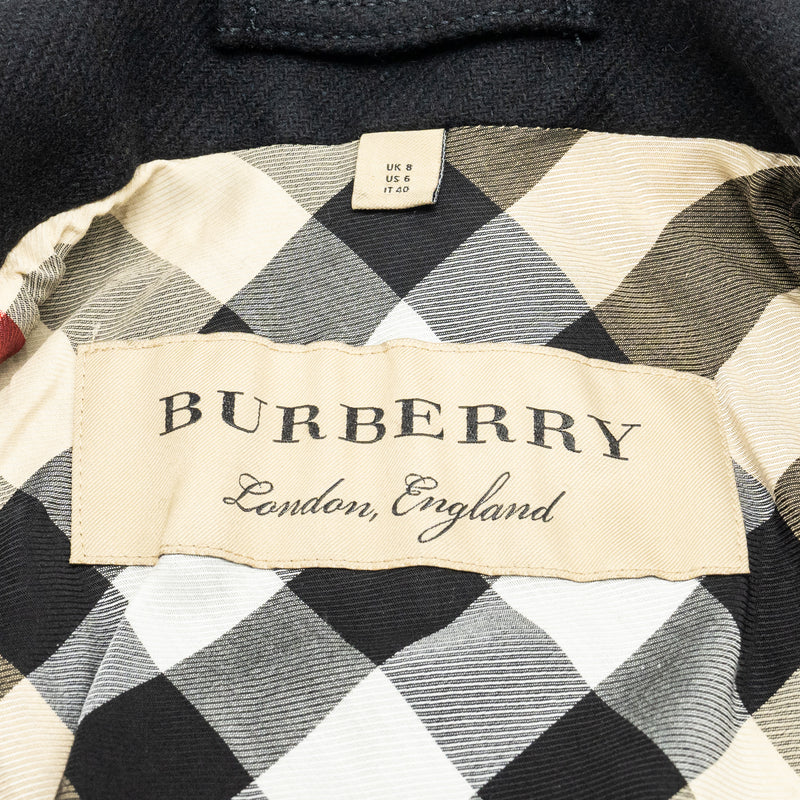 Burberry Size IT40 Pea Double Breasted Belted-Waist Coat Virgin Wool Black