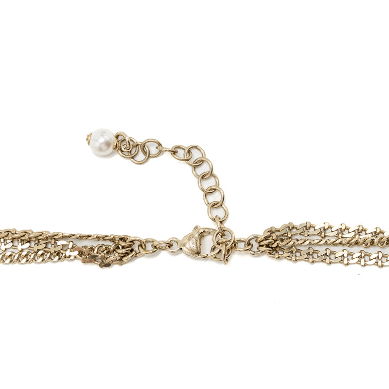Chanel 19K CC logo long Necklace Pearl/Crystal/Light Gold Tone