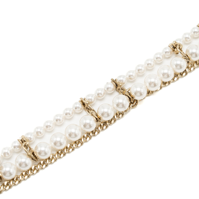 Chanel 19K CC logo long Necklace Pearl/Crystal/Light Gold Tone