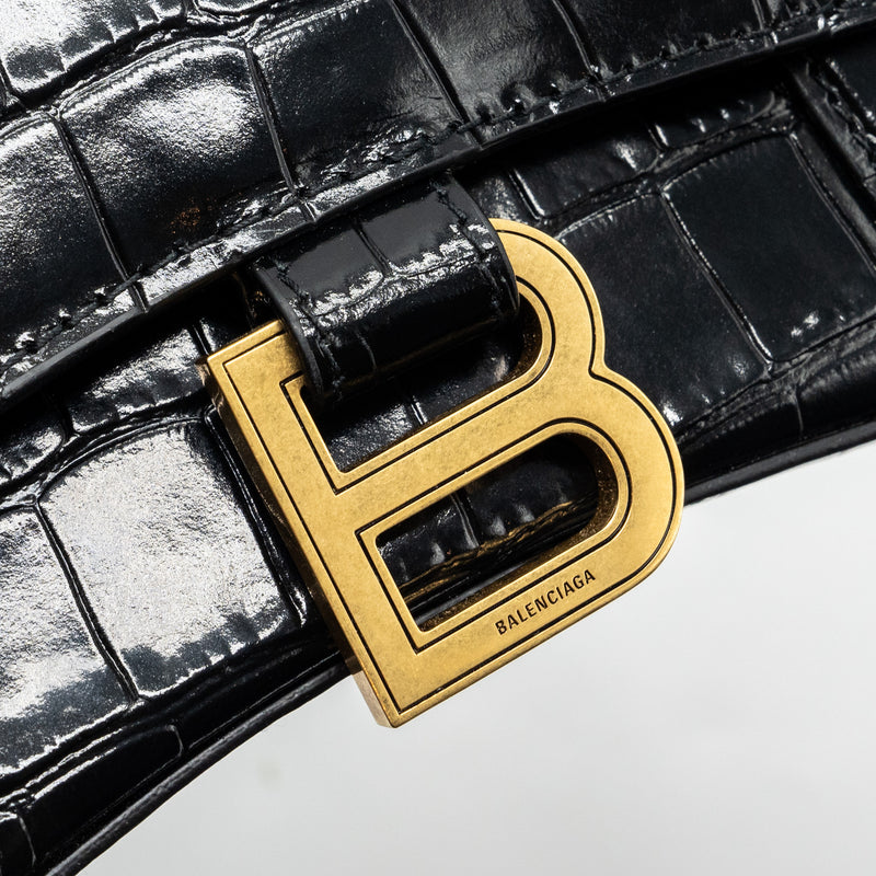 Balenciaga Hourglass XS Handbag Crocodile Embossed Black GHW