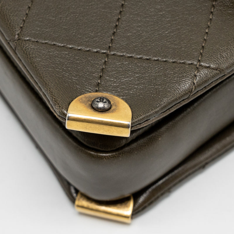 Chanel Quilted Messenger Flap Bag Lambskin Olive Green Multicolour Hardware