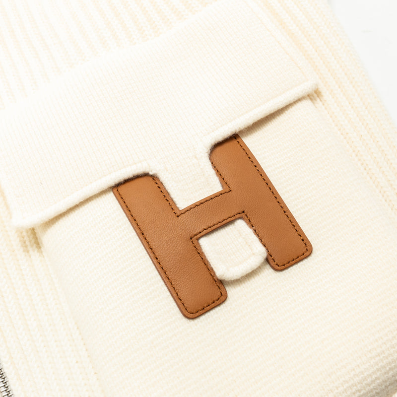 Hermes Size 34 Blouson Details Cuir Cardigan virgin wool white