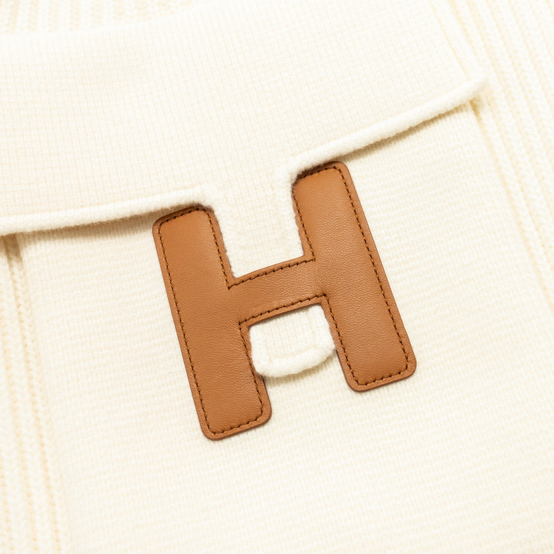 Hermes Size 34 Blouson Details Cuir Cardigan virgin wool white