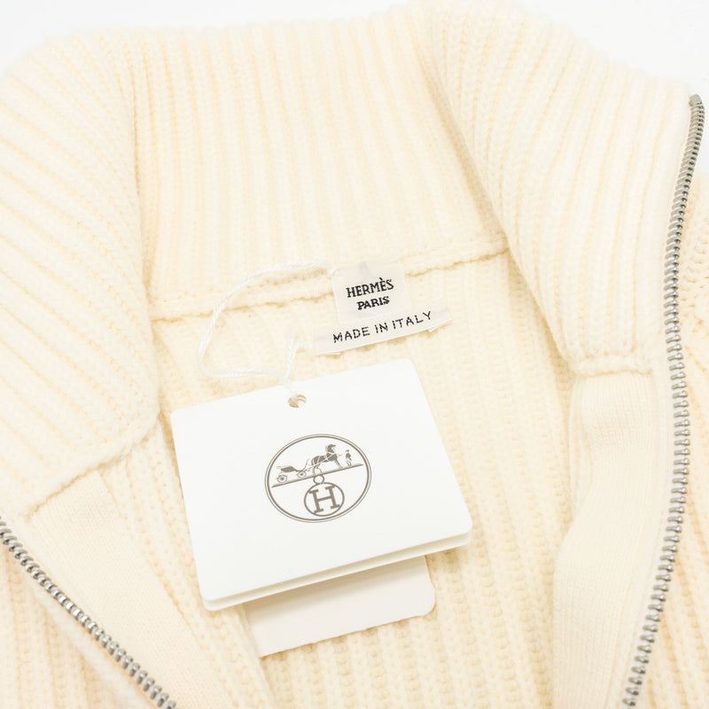 Hermes Size 34 Blouson Details Cuir Cardigan virgin wool white