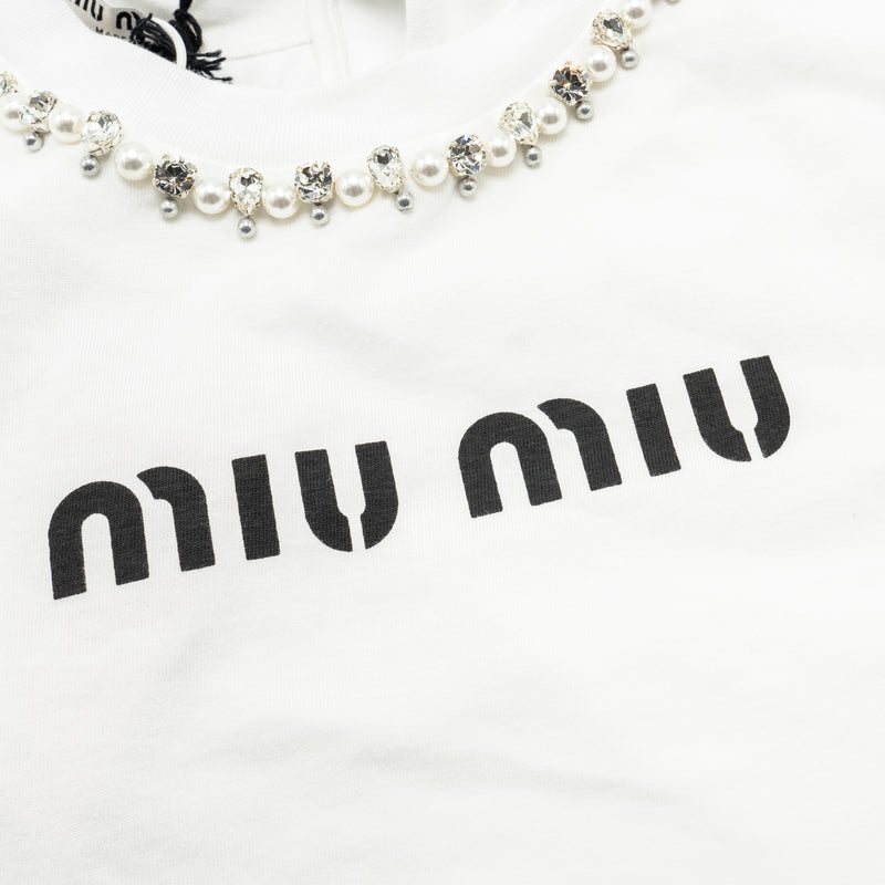 Miu miu size XS long sleeved embroidered cotton tee multicolour white/ light blue