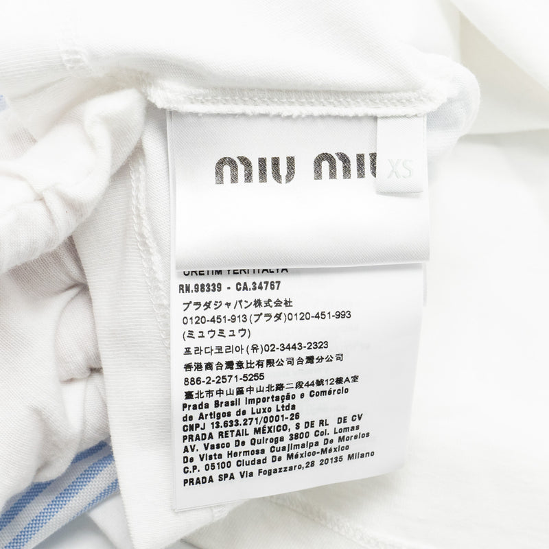 Miu miu size XS long sleeved embroidered cotton tee multicolour white/ light blue