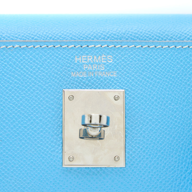 Hermes Kelly 35 Epsom 7N Blue Celeste SHW Stamp Square O
