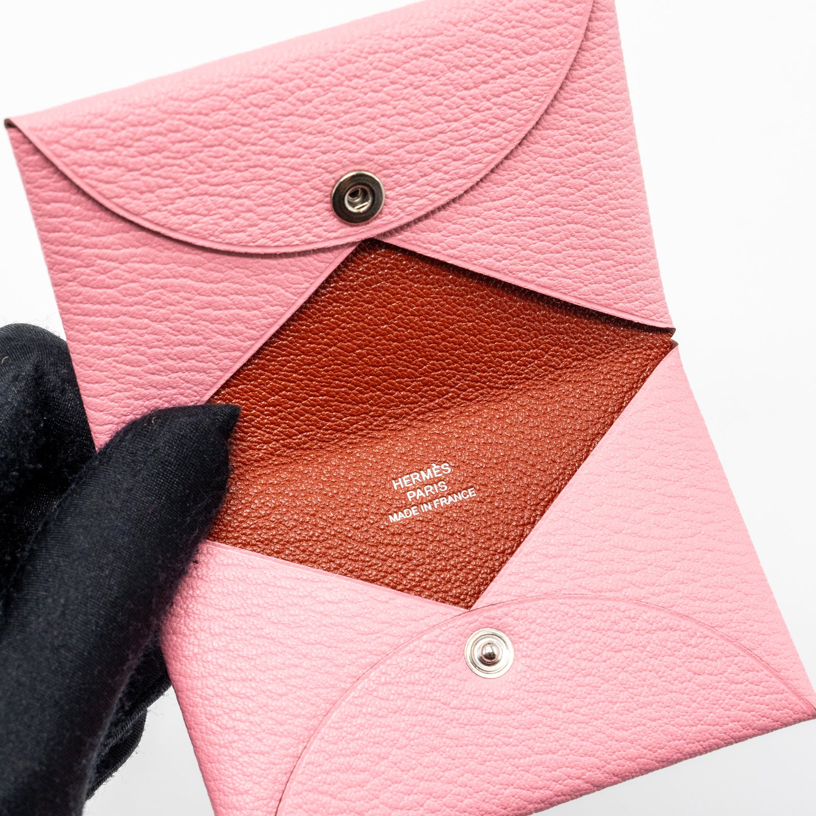Hermes calvi card holder chevre mysore rose confetti/ brique SHW Stamp