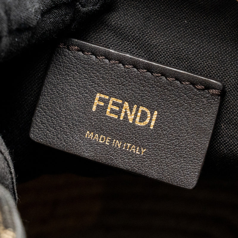 FENDI MINI MON TRESOR BUCKET BAG FF JACQUARD Raffia/FABRIC/CALFSKIN BROWN GHW