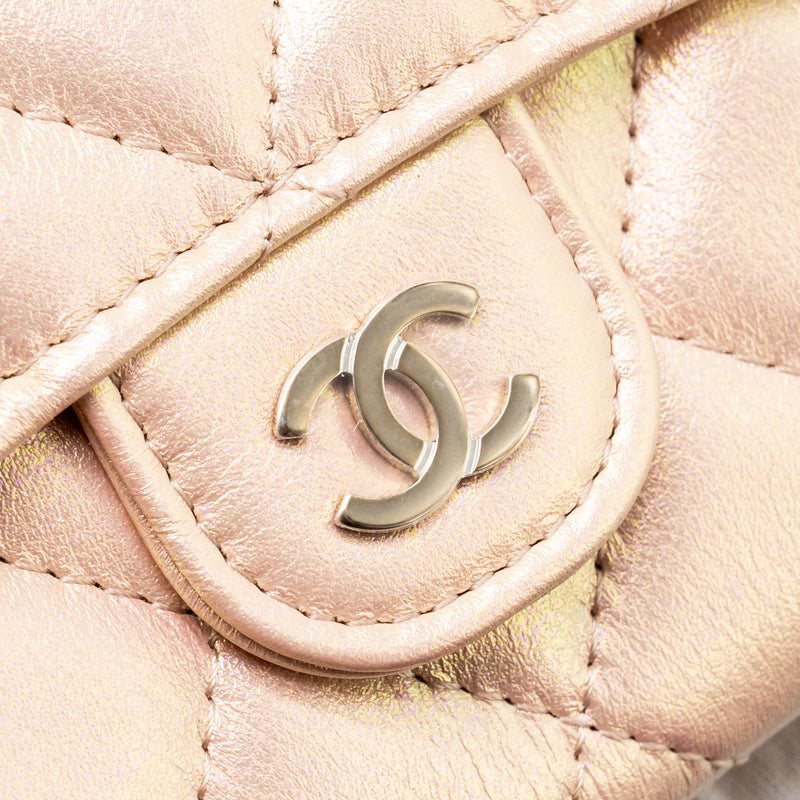 Chanel Quilted small classic flap wallet / card holder calfskin iridescent pink SHW