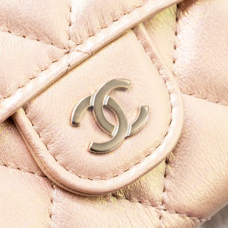 Chanel Quilted small classic flap wallet / card holder calfskin iridescent pink SHW