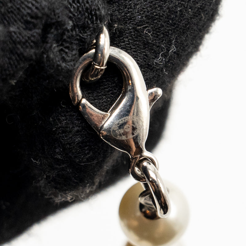 Chanel Pearl and CC Logo with Crystal Long Necklace Silver Tone