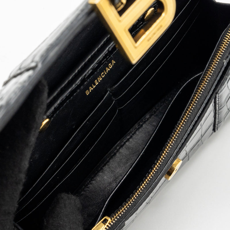 Balenciaga Hourglass Wallet On Chain Croc Embossed Calfskin Black GHW
