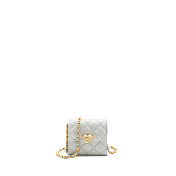 CHANEL CC Enamel Heart Mini Flap Clutch With Chain Lambskin Light Grey GHW