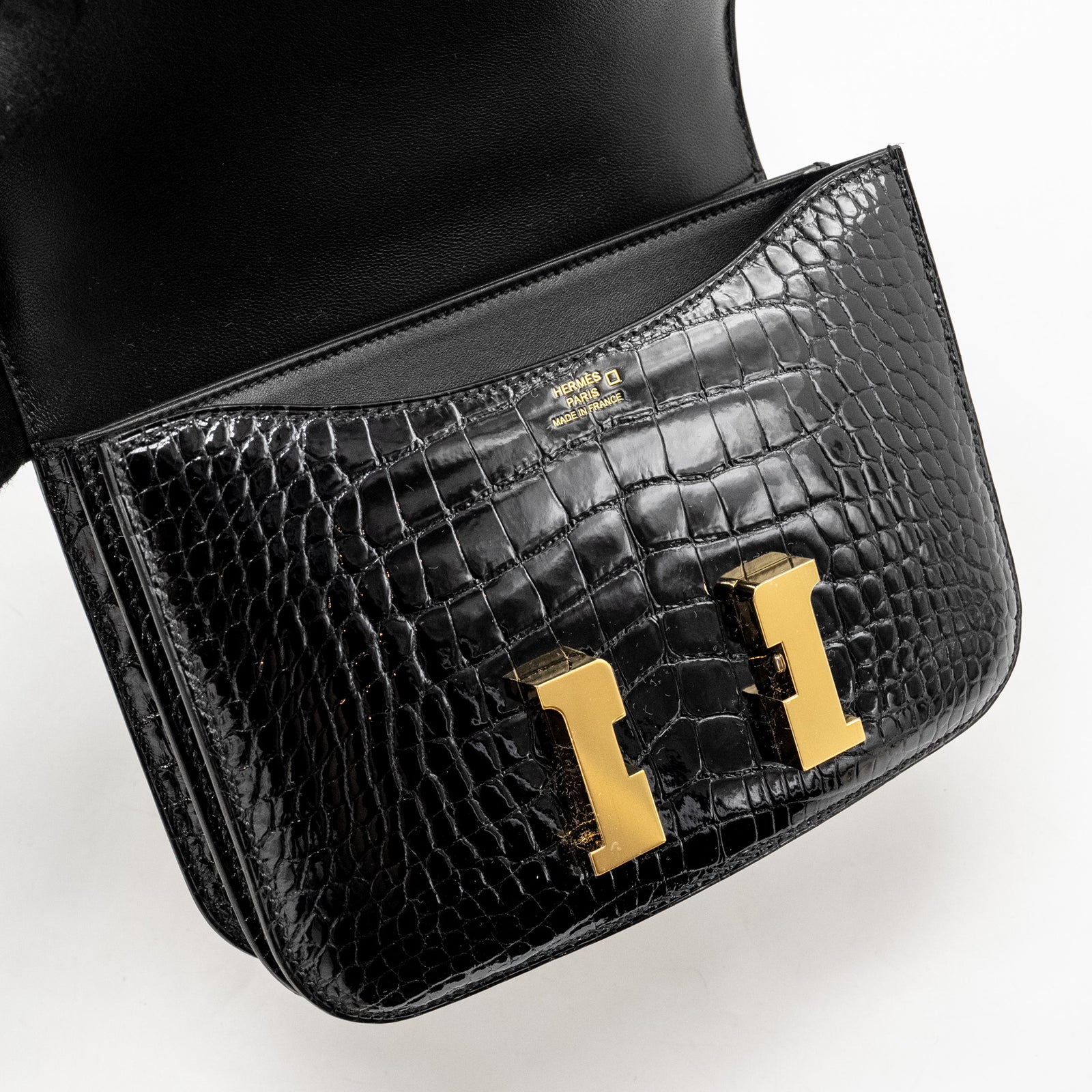 ✨HERMES Constance Hロゴ R◯刻印 フランス製 黒 濃茶 Hermes Mini Constance Shiny Alligator Mississippiens Black GHW Stamp U