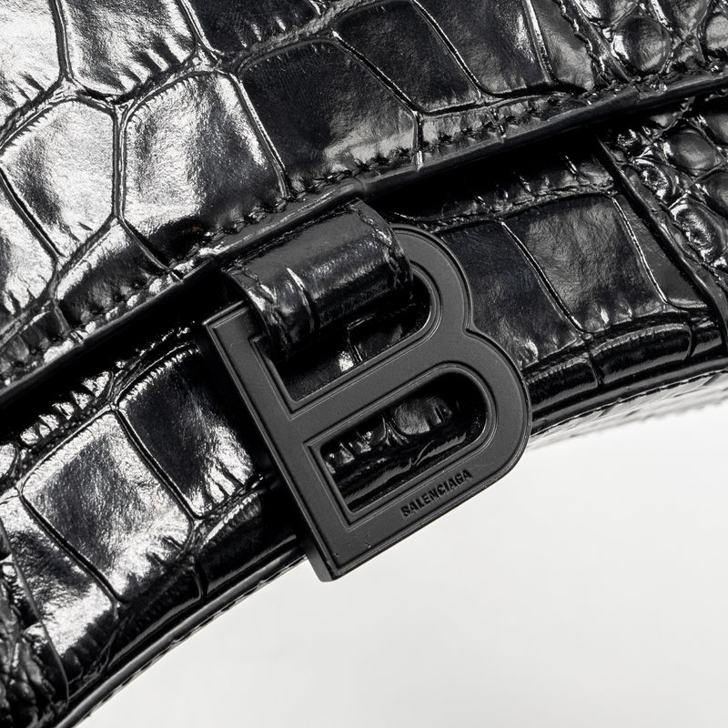 Balenciaga XS Hourglass Croc-embossed Calfskin So Black