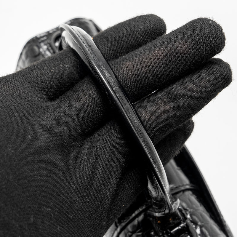 Balenciaga XS Hourglass Croc-embossed Calfskin So Black