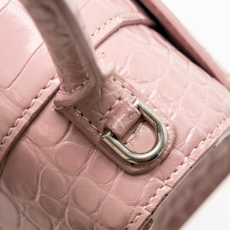 Balenciaga Hourglass S Croc-Embossed Calfskin Pink SHW