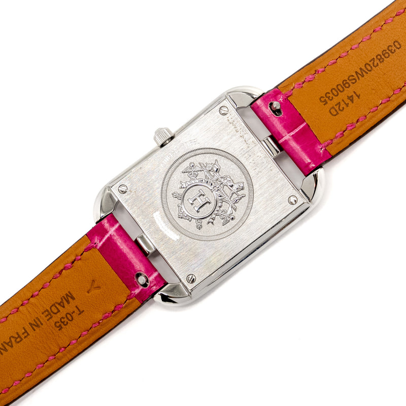 Hermes Cape Cod Watch Small Model 31mm Steel Case Mother of Pearl Dial with Diamonds Alligator Raspberry Strap