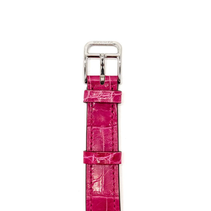 Hermes Cape Cod Watch Small Model 31mm Steel Case Mother of Pearl Dial with Diamonds Alligator Raspberry Strap