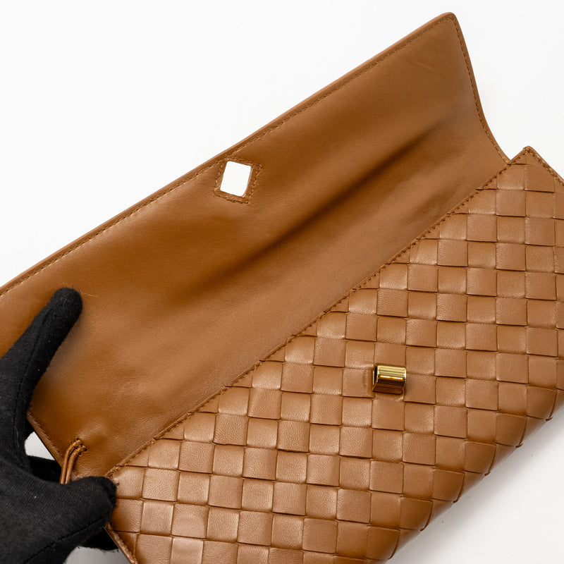 Bottega Veneta Andiamo Clutch Bag Lambskin Brown GHW