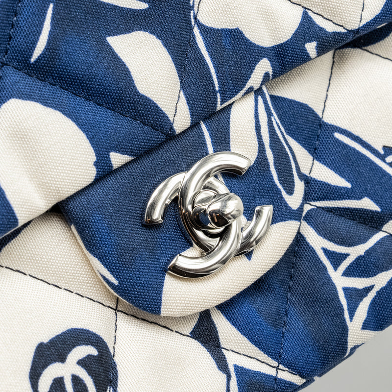 Chanel Medium Limited Edition Flora Printed Classic Flap Bag Silk Blue/White SHW (Microchip)