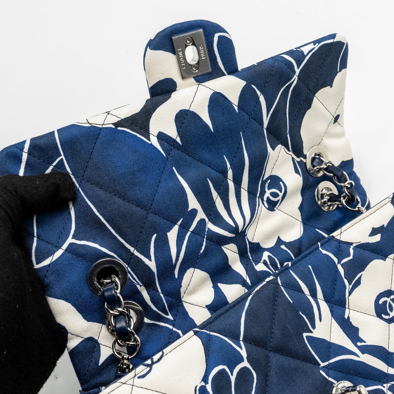 Chanel Medium Limited Edition Flora Printed Classic Flap Bag Silk Blue/White SHW (Microchip)