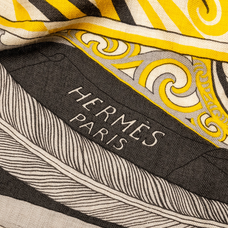 Hermes 140cm cashmere/ silk scarf Kara Ora multicolour yellow/ grey / beige