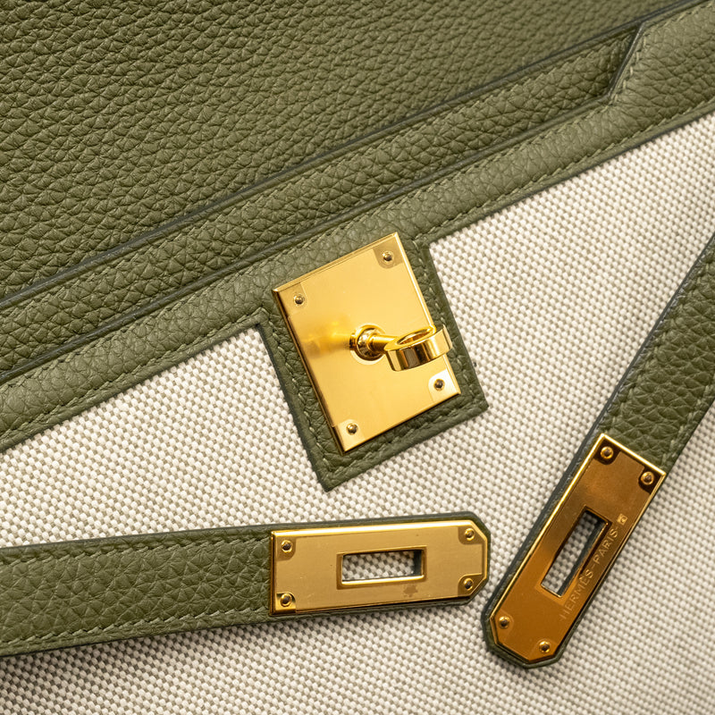 Hermes Pochette Kelly Depeches 25 Canvas / Togo Ecru Beige / Vert Olive GHW Stamp U