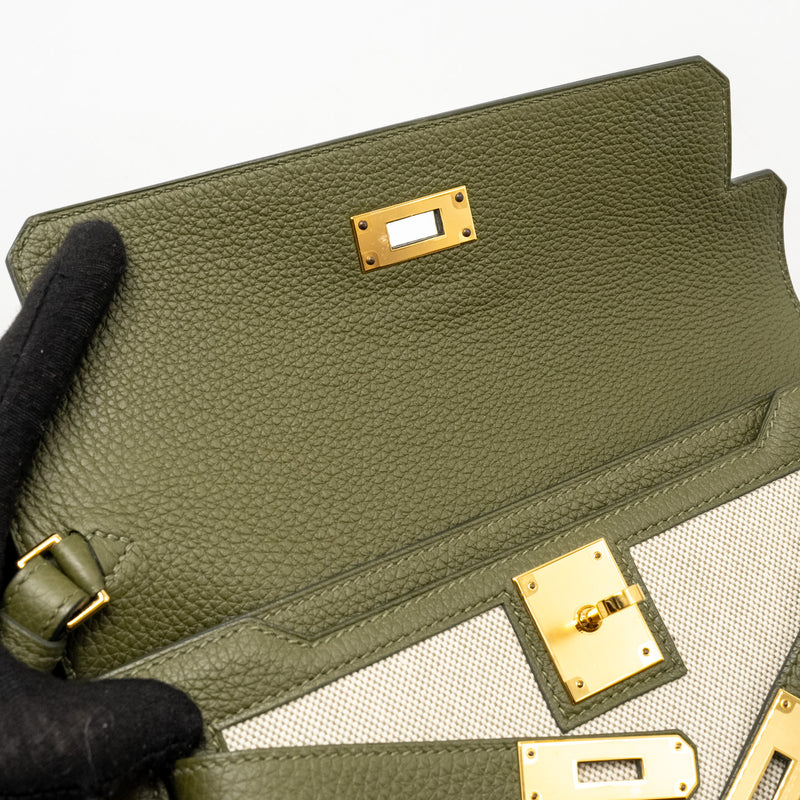 Hermes Pochette Kelly Depeches 25 Canvas / Togo Ecru Beige / Vert Olive GHW Stamp U