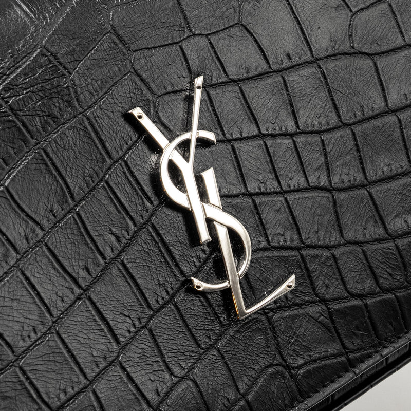 SAINT LAURENT / YSL Classic Chain Wallet Croc-Embossed Calfskin Black SHW