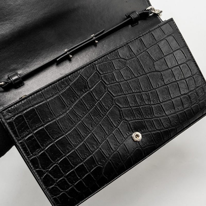 SAINT LAURENT / YSL Classic Chain Wallet Croc-Embossed Calfskin Black SHW