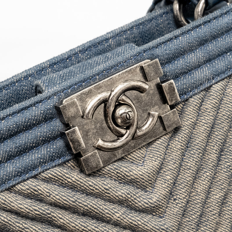 Chanel 15P Boy Chevron Shopping Tote Bag Denim/ Lambskin Blue Ruthenium Hardware